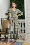 Buy_Bairaas_Green Muslin, Lining Cotton Floral V Neck Block Print Shrug With Pant Set_at_Aza_Fashions
