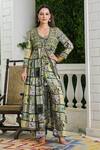 Bairaas_Green Muslin, Lining Cotton Floral V Neck Block Print Shrug With Pant Set_Online_at_Aza_Fashions