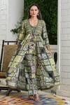 Buy_Bairaas_Green Muslin, Lining Cotton Floral V Neck Block Print Shrug With Pant Set_Online_at_Aza_Fashions