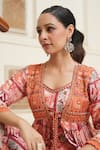 Shop_BAIRAAS_Peach Muslin Block Prints Floral V Neck Shrug With Pant Set _at_Aza_Fashions