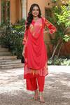 Buy_Bairaas_Red Dupatta Chinon, Kurta Crepe, Pant Shantoon Abstract Flower Pattern Set_Online_at_Aza_Fashions