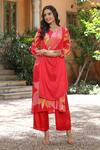 Shop_Bairaas_Red Dupatta Chinon, Kurta Crepe, Pant Shantoon Abstract Flower Pattern Set_Online_at_Aza_Fashions