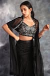 Shop_Kaaisha by Shalini_Black Italian Lycra Embroidered Cutdana Cape Open Sequin Sheer Lehenga Set _Online_at_Aza_Fashions