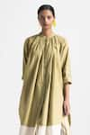 Buy_THREE_Green Poplin Plain Round Collar Gathered Tunic Pant Set  _Online_at_Aza_Fashions