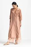 Buy_THREE_Pink Kurta Chanderi Plain Lapel Overlap With Stripe Pattern Pant  _at_Aza_Fashions