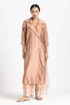 THREE_Pink Kurta Chanderi Plain Lapel Overlap With Stripe Pattern Pant  _at_Aza_Fashions