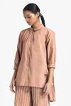 THREE_Pink Shirt Poplin And Chanderi Plain Collared Back Pleated With Pant  _Online_at_Aza_Fashions