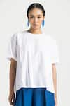 THREE_White Asymmetric Pleated Top And Pant Set _at_Aza_Fashions