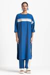 THREE_Blue Poplin Round Applique Stripe Tunic And Pant Set  _Online_at_Aza_Fashions