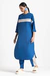 Shop_THREE_Blue Poplin Round Applique Stripe Tunic And Pant Set  _Online_at_Aza_Fashions