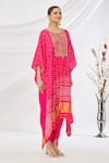 Khwaab by Sanjana Lakhani_Pink Poncho  Kanji Silk Printed Bandhani Round And Dhoti Pant Set _Online_at_Aza_Fashions