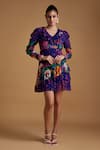 Buy_Verb By Pallavi Singhee_Blue Viscose, Georgette Ruffles V-neck Floral Print Frilled Short Dress _at_Aza_Fashions