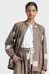 THREE_Brown Poplin Wave Embroidered Bomber Jacket _at_Aza_Fashions