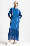 Buy_THREE_Blue Poplin Mandarin Collar Frilled Hem Maxi Dress  _at_Aza_Fashions