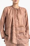 THREE_Gold 100% Pure Silk Plain Round Neck Pleated Top _Online_at_Aza_Fashions