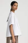 Shop_THREE_White 100% Cotton Poplin Plain Round Asymmetric Pleated Top _Online_at_Aza_Fashions