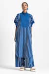 Buy_THREE_Blue Poplin Stripe Embroidered High Waist Trouser_at_Aza_Fashions