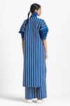 Shop_THREE_Blue Poplin Stripe Embroidered High Waist Trouser_at_Aza_Fashions