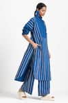 Buy_THREE_Blue Poplin Stripe Embroidered High Waist Trouser_Online_at_Aza_Fashions