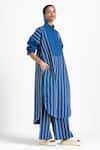 Shop_THREE_Blue Poplin Stripe Embroidered High Waist Trouser_Online_at_Aza_Fashions