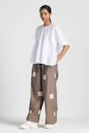 THREE_Brown Poplin Square Wave Embroidered Trouser _Online_at_Aza_Fashions