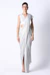 Buy_431-88 by Shweta Kapur_White Cotton Embellished Waterfall Pre Draped Saree With Blouse  _at_Aza_Fashions