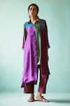 Buy_Medha_Maroon Shirt Habutai Silk Color Blocked Asymmetric Long And Pant Set _at_Aza_Fashions