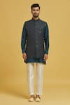 Shop_RNG Safawala_Blue Raw Silk Embroidered Geometric Bundi And Kurta Set _Online_at_Aza_Fashions