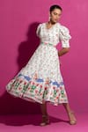 Buy_SAKSHAM & NEHARICKA_Multi Color Mulmul Print Tulip Bloom V Neck Champa Midi Dress _at_Aza_Fashions
