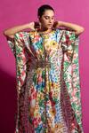 Buy_Saksham & Neharicka_Multi Color Chanderi Round Neck Champa Bagh Print Kaftan
