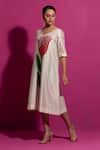 Saksham & Neharicka_Ivory Chanderi V-neck Champa Hand Paint Midi Dress_at_Aza_Fashions