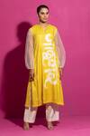 Buy_Saksham & Neharicka_Yellow Cotton Satin Split V-neck Jaadugar Hand Paint A-line Kurta_at_Aza_Fashions