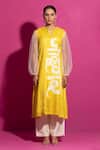 Shop_Saksham & Neharicka_Yellow Cotton Satin Split V-neck Jaadugar Hand Paint A-line Kurta_at_Aza_Fashions