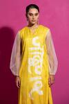 Buy_Saksham & Neharicka_Yellow Cotton Satin Split V-neck Jaadugar Hand Paint A-line Kurta_Online_at_Aza_Fashions