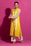 Shop_Saksham & Neharicka_Yellow Cotton Satin Split V-neck Jaadugar Hand Paint A-line Kurta_Online_at_Aza_Fashions