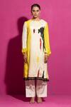 Saksham & Neharicka Yellow Cotton Satin Tassels Round Neck Abstract Print A-line Kurta Online at Aza Fashions Saksham & Neharicka_Yellow Cotton Satin Tassels Round Neck Abstract Print A-line Kurta_Online_at_Aza_Fashions