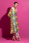 Buy_Saksham & Neharicka_Multi Color Chanderi Mandarin Collar Kali Champa Print Kurta With Pant _Online_at_Aza_Fashions