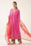 Buy_KORA_Fuchsia Silk Embroidered Dori V Neck Kurta Pant Set  _at_Aza_Fashions