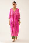 KORA_Fuchsia Silk Embroidered Dori V Neck Kurta Pant Set  _Online_at_Aza_Fashions