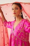 KORA_Fuchsia Silk Embroidered Dori V Neck Kurta Pant Set  _at_Aza_Fashions