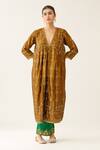 Buy_Kora_Gold Silk Embroidered Dori V Neck Thread Kurta Pant Set  _Online_at_Aza_Fashions