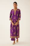 KORA_Purple Silk Embroidered Dori Notched Straight Kurta Pant Set  _Online_at_Aza_Fashions