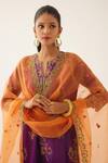 KORA_Purple Silk Embroidered Dori Notched Straight Kurta Pant Set  _at_Aza_Fashions