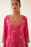 Buy_KORA_Pink Silk Embroidered Dori Notched Short Kurta Farshi Pant Set  _Online_at_Aza_Fashions