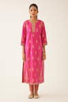 Shop_KORA_Pink Silk Embroidered Dori Notched Straight Kurta Salwar Set  _at_Aza_Fashions