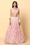 Buy_MeenaGurnam_Pink Viscose Georgette Embroidered Floral V Neck Blouse Bridal Lehenga Set_at_Aza_Fashions