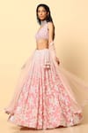 Buy_MeenaGurnam_Pink Viscose Georgette Embroidered Floral V Neck Blouse Bridal Lehenga Set_Online_at_Aza_Fashions