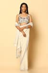 Buy_MeenaGurnam_Ivory Viscose Georgette Hand Embroidered Thread V Pre-draped Saree With Blouse _at_Aza_Fashions