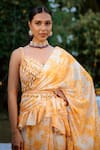 Vana Ethnics_Yellow Viscose Georgette Print Pre-draped Ruffle Saree Blouse Set _at_Aza_Fashions