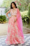 Buy_Vana Ethnics_Pink Viscose Georgette Print Pearls Plunging Petunia Garden Lehenga Blouse Set _at_Aza_Fashions